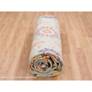 13'7"x13'7" Tan, Sickle Leaf Design Silk With Textured Wool Hand Knotted, Round Oriental Rug FWR386616