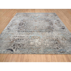 14'1"x14'1" Gray, Hand Knotted, Transitional Persian Influence Erased Medallion Design Silk With Textured Wool, Square Oriental Rug FWR386652
