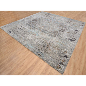 14'1"x14'1" Gray, Hand Knotted, Transitional Persian Influence Erased Medallion Design Silk With Textured Wool, Square Oriental Rug FWR386652