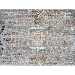 14'1"x14'1" Gray, Hand Knotted, Transitional Persian Influence Erased Medallion Design Silk With Textured Wool, Square Oriental Rug FWR386652