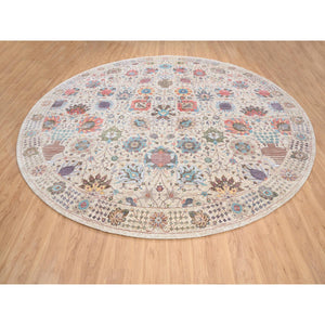 14'1"x14'1" Colorful, Hand Knotted Tabriz Vase With Flower Design, Silk With Textured Wool, Round Oriental Rug FWR386658