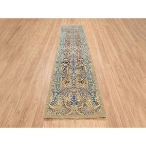 2'6"x12'1" Gold Brown, Transitional Sarouk, Silk With Textured Wool Hand Knotted, Runner Oriental Rug FWR386682
