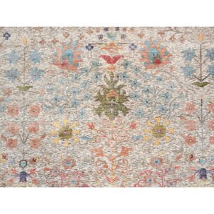 14'1"x14'1" Beige, Silk With Textured Wool Hand Knotted, Directional Vase Design, Square Oriental Rug FWR386694