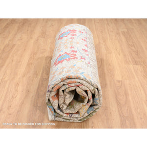 14'1"x14'1" Beige, Silk With Textured Wool Hand Knotted, Directional Vase Design, Square Oriental Rug FWR386694
