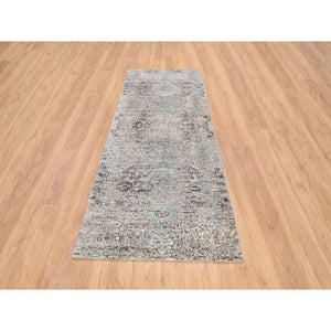 4'x10' Gray, Transitional Persian Influence Erased Medallion Design, Silk With Textured Wool Hand Knotted, Wide Runner Oriental Rug FWR386706