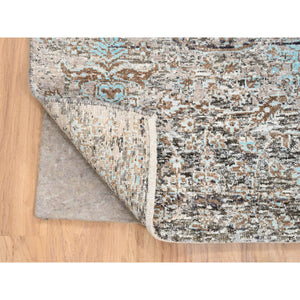 4'x10' Gray, Transitional Persian Influence Erased Medallion Design, Silk With Textured Wool Hand Knotted, Wide Runner Oriental Rug FWR386706