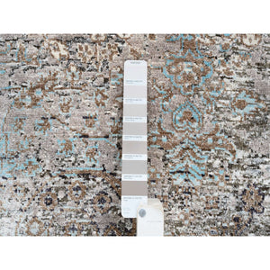 4'x10' Gray, Transitional Persian Influence Erased Medallion Design, Silk With Textured Wool Hand Knotted, Wide Runner Oriental Rug FWR386706