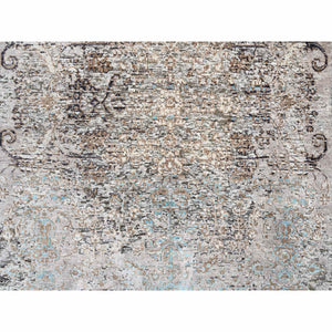 4'x10' Gray, Transitional Persian Influence Erased Medallion Design, Silk With Textured Wool Hand Knotted, Wide Runner Oriental Rug FWR386706