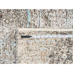 4'x10' Gray, Transitional Persian Influence Erased Medallion Design, Silk With Textured Wool Hand Knotted, Wide Runner Oriental Rug FWR386706