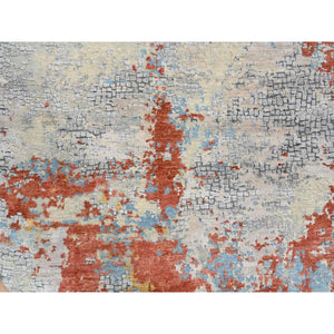 5'10"x5'10" Cream-Rust, Abstract With Fire Mosaic Design, Wool And Silk Hand Knotted, Round Persian Knot Oriental Rug FWR386922