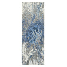 Load image into Gallery viewer, 4&#39;2&quot;x11&#39;9&quot; Blue, Modern Abstract Design Hi-low Pile, Wool and Silk Hand Knotted, Wide Runner Oriental Rug FWR387306