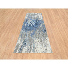 Load image into Gallery viewer, 4&#39;2&quot;x11&#39;9&quot; Blue, Modern Abstract Design Hi-low Pile, Wool and Silk Hand Knotted, Wide Runner Oriental Rug FWR387306