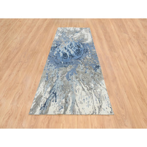 4'2"x11'9" Blue, Modern Abstract Design Hi-low Pile, Wool and Silk Hand Knotted, Wide Runner Oriental Rug FWR387306