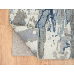 4'2"x11'9" Blue, Modern Abstract Design Hi-low Pile, Wool and Silk Hand Knotted, Wide Runner Oriental Rug FWR387306