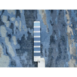 4'2"x11'9" Blue, Modern Abstract Design Hi-low Pile, Wool and Silk Hand Knotted, Wide Runner Oriental Rug FWR387306