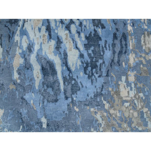 4'2"x11'9" Blue, Modern Abstract Design Hi-low Pile, Wool and Silk Hand Knotted, Wide Runner Oriental Rug FWR387306