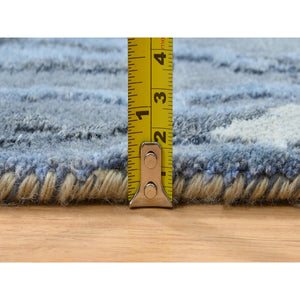 4'2"x11'9" Blue, Modern Abstract Design Hi-low Pile, Wool and Silk Hand Knotted, Wide Runner Oriental Rug FWR387306