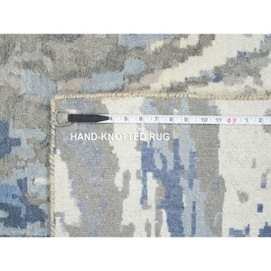 4'2"x11'9" Blue, Modern Abstract Design Hi-low Pile, Wool and Silk Hand Knotted, Wide Runner Oriental Rug FWR387306