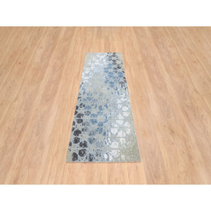 2'6"x8' Gray And Blue, The Honeycomb Award Winning Design, Wool And Silk Hand Knotted, Runner Oriental Rug FWR387324
