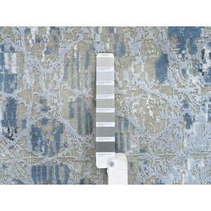 2'6"x8' Gray And Blue, The Honeycomb Award Winning Design, Wool And Silk Hand Knotted, Runner Oriental Rug FWR387324