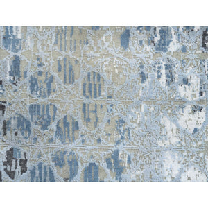 2'6"x8' Gray And Blue, The Honeycomb Award Winning Design, Wool And Silk Hand Knotted, Runner Oriental Rug FWR387324