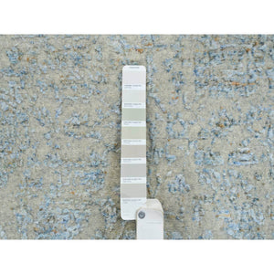 2'6"x8' Gray With Touches Of Blue, Jacquard Hand Loomed, Tabriz Design Wool And Plant Based Silk, Runner Oriental Rug FWR387348