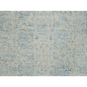 2'6"x8' Gray With Touches Of Blue, Jacquard Hand Loomed, Tabriz Design Wool And Plant Based Silk, Runner Oriental Rug FWR387348