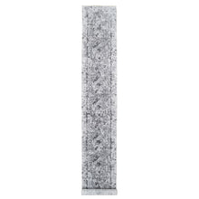 Load image into Gallery viewer, 2&#39;7&quot;x18&#39;1&quot; Silver Gray, Hand Knotted Erased Persian Design, Wool and Pure Silk, Runner Oriental Rug FWR387354