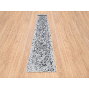 2'7"x18'1" Silver Gray, Hand Knotted Erased Persian Design, Wool and Pure Silk, Runner Oriental Rug FWR387354