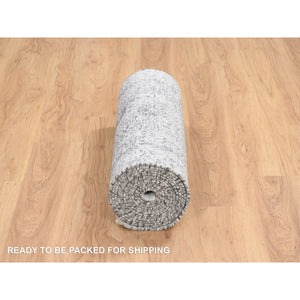 2'7"x18'1" Silver Gray, Hand Knotted Erased Persian Design, Wool and Pure Silk, Runner Oriental Rug FWR387354