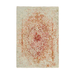 4'2"x6' Ivory and Red, Hand Knotted Persian Erased Medallion Design, Wool and Pure Silk, Oriental Rug FWR387366