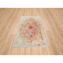 Load image into Gallery viewer, 4&#39;2&quot;x6&#39; Ivory and Red, Hand Knotted Persian Erased Medallion Design, Wool and Pure Silk, Oriental Rug FWR387366