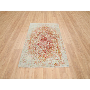 4'2"x6' Ivory and Red, Hand Knotted Persian Erased Medallion Design, Wool and Pure Silk, Oriental Rug FWR387366