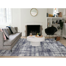 Load image into Gallery viewer, 10&#39;x13&#39;9&quot; Charcoal Black, Modern Erased Lines Design, Wool and Plant Based Silk Hand Loomed, Oriental Rug FWR387570