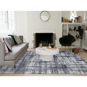 10'x13'9" Charcoal Black, Modern Erased Lines Design, Wool and Plant Based Silk Hand Loomed, Oriental Rug FWR387570