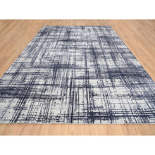 Load image into Gallery viewer, 10&#39;x13&#39;9&quot; Charcoal Black, Modern Erased Lines Design, Wool and Plant Based Silk Hand Loomed, Oriental Rug FWR387570