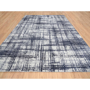 10'x13'9" Charcoal Black, Modern Erased Lines Design, Wool and Plant Based Silk Hand Loomed, Oriental Rug FWR387570