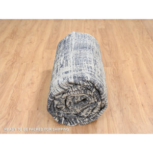 10'x13'9" Charcoal Black, Modern Erased Lines Design, Wool and Plant Based Silk Hand Loomed, Oriental Rug FWR387570