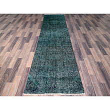 Load image into Gallery viewer, 2&#39;6&quot;x9&#39;8&quot; Overdyed Green, Vintage Persian Tabriz, Hand Knotted, 100% Wool, Distressed, Zero Pile, Cropped Thin, Even Wear, Sides and Ends Professionally Secured, Runner, Oriental Rug Sh645 FWR3870