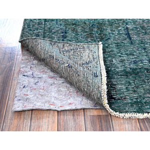 2'6"x9'8" Overdyed Green, Vintage Persian Tabriz, Hand Knotted, 100% Wool, Distressed, Zero Pile, Cropped Thin, Even Wear, Sides and Ends Professionally Secured, Runner, Oriental Rug Sh645 FWR3870