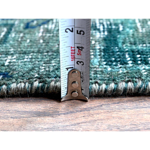 2'6"x9'8" Overdyed Green, Vintage Persian Tabriz, Hand Knotted, 100% Wool, Distressed, Zero Pile, Cropped Thin, Even Wear, Sides and Ends Professionally Secured, Runner, Oriental Rug Sh645 FWR3870