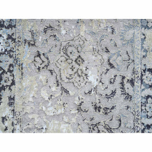 2'6"x6'1" Gray And Blue, Hand Knotted Broken Kashan Design, Wool With Pure Silk, Runner Oriental Rug FWR387654