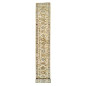 2'7"x20' Ivory and Gray, Hand Knotted Karajeh Design Tribal Medallions, Extra Soft Wool, XL Runner Oriental Rug FWR387780