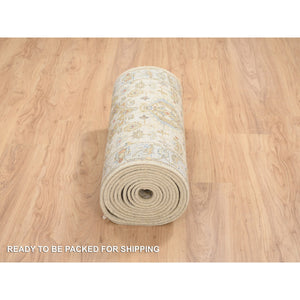 2'7"x20' Ivory and Gray, Hand Knotted Karajeh Design Tribal Medallions, Extra Soft Wool, XL Runner Oriental Rug FWR387780