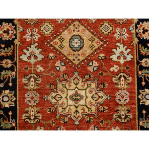 2'9"x12' Red and Black, Hand Knotted Karajeh Design with Tribal Medallions, Pure Wool, Runner Oriental Rug FWR387792