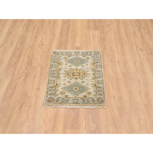 2'1"x3' Ivory And Gray, Karajeh Design With Tribal Medallions, Organic Wool Hand Knotted, Mat Oriental Rug FWR387822