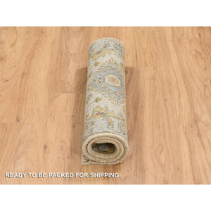 2'1"x3' Ivory And Gray, Karajeh Design With Tribal Medallions, Organic Wool Hand Knotted, Mat Oriental Rug FWR387822