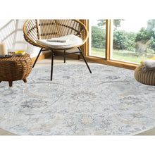 Load image into Gallery viewer, 9&#39;9&quot;x9&#39;9&quot; Ivory And Blue, Silk With Textured Wool Hand Knotted, Sickle Leaf Design Soft Pile, Round Oriental Rug FWR387972