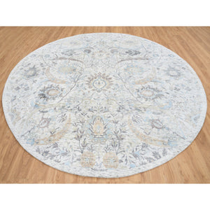 9'9"x9'9" Ivory And Blue, Silk With Textured Wool Hand Knotted, Sickle Leaf Design Soft Pile, Round Oriental Rug FWR387972