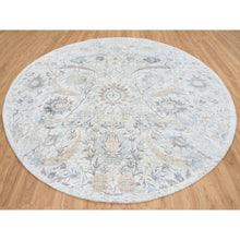 Load image into Gallery viewer, 9&#39;9&quot;x9&#39;9&quot; Ivory And Blue, Silk With Textured Wool Hand Knotted, Sickle Leaf Design Soft Pile, Round Oriental Rug FWR387972